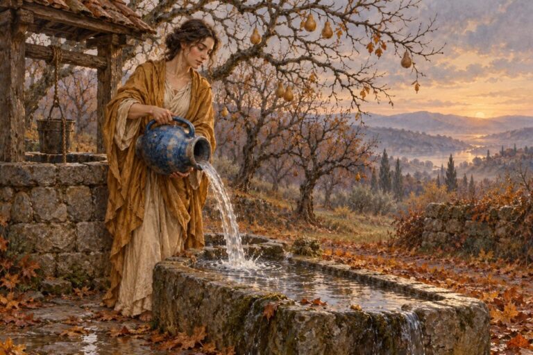 Взрослая водоносица в охристом плаще льёт воду из синего кувшина в каменную чашу у колодца в ноябрьском саду. Иллюстрация к гороскопу Водолея на ноябрь 2027.