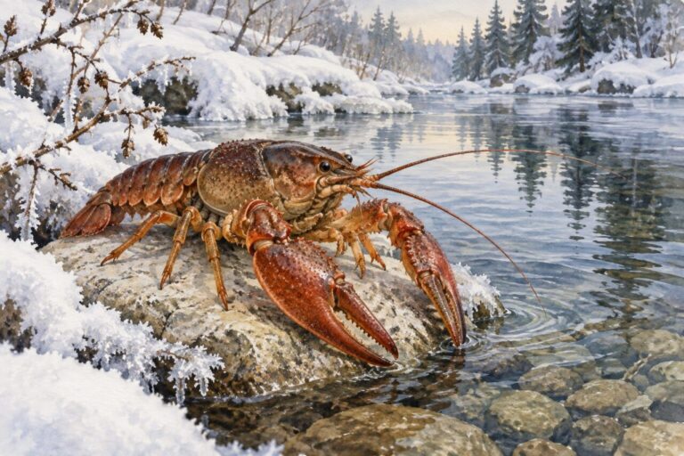 Красно-коричневый речной рак с двумя клешнями стоит на камне у прозрачного ручья среди снега и отражений елей. Иллюстрация к гороскопу Рака на декабрь 2027.