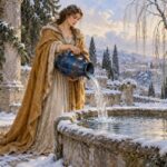Взрослая водоносица в охристом плаще льёт воду из синего кувшина в каменный бассейн в заснеженном дворе. Иллюстрация к гороскопу Водолея на декабрь 2027.